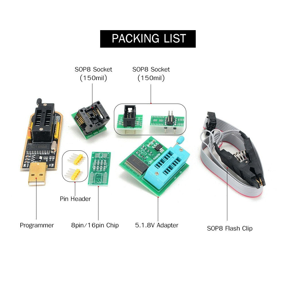1 Set USB Programmer Kit with SOP8 Clip EEPROM Burner BIOS Flasher SPI Flash Programmer Kit with 1.8V Adapter and 150mil SOP8 Socket for 24/25 Series