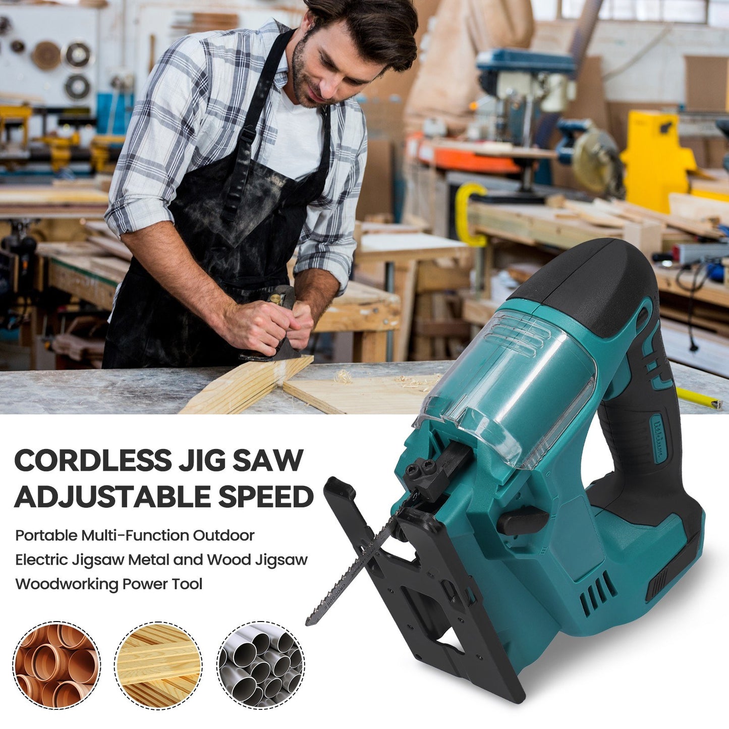 Cordless Jigsaw Adjustable Speed Multi-Function Portable Outdoor Electric Jigsaw Metal and Wood Jigsaw Woodworking Power Tool - Orange