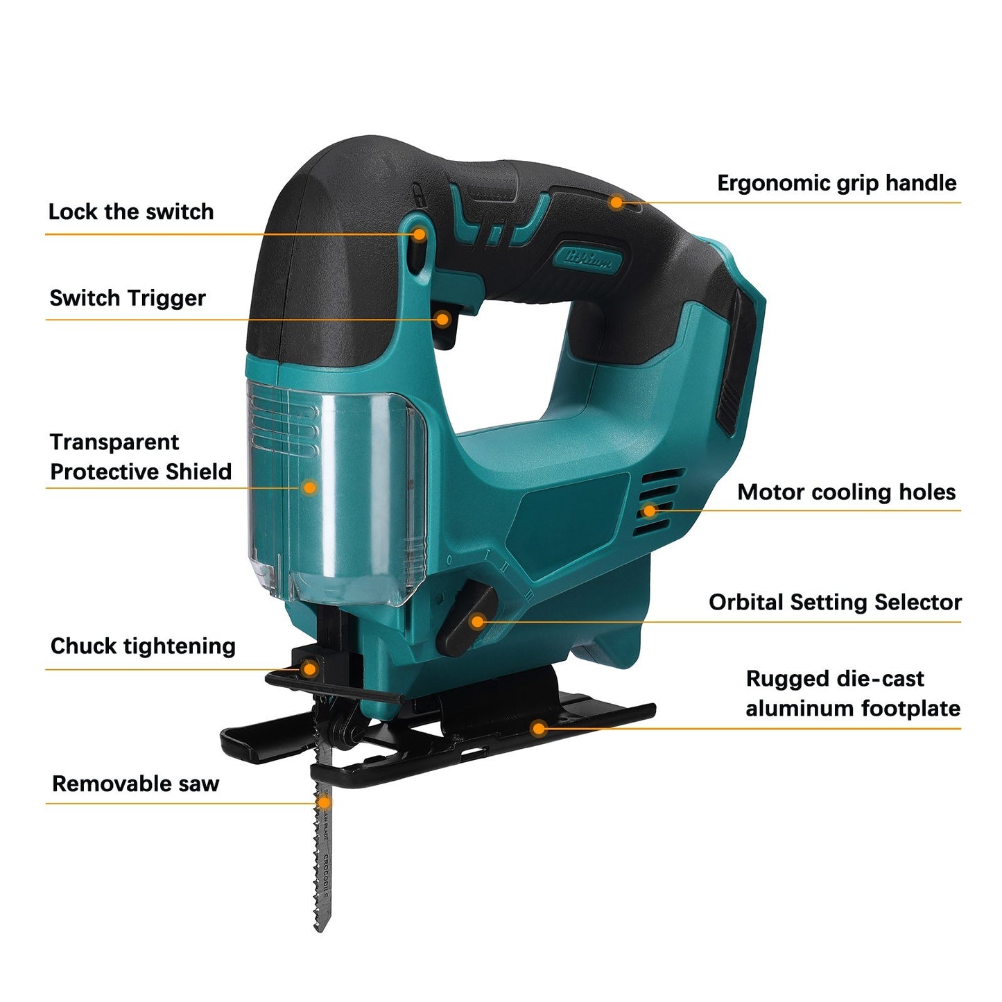 Cordless Jigsaw Adjustable Speed Multi-Function Portable Outdoor Electric Jigsaw Metal and Wood Jigsaw Woodworking Power Tool - Orange
