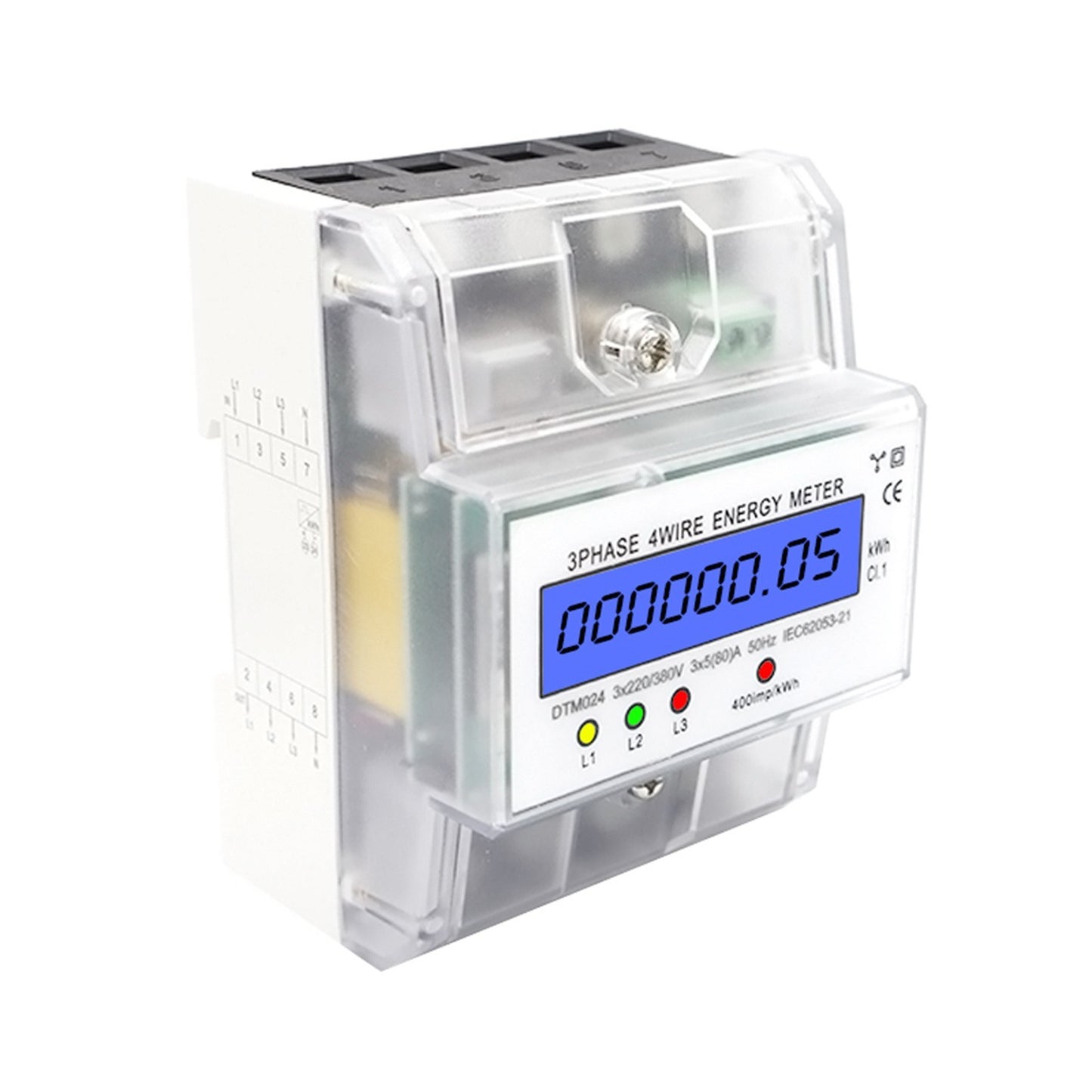 Three Phase Four Wire Digital KWh Meter 220/380V 5-80A Digital Electric Power Meter Energy Consumption DIN-Rail Electric Meter with LCD Display - Transparent