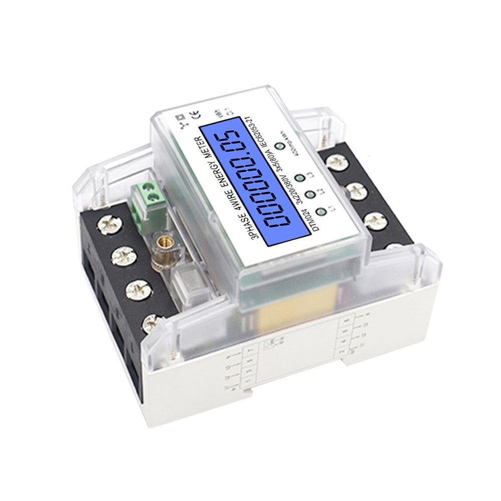 Three Phase Four Wire Digital KWh Meter 220/380V 5-80A Digital Electric Power Meter Energy Consumption DIN-Rail Electric Meter with LCD Display - Transparent