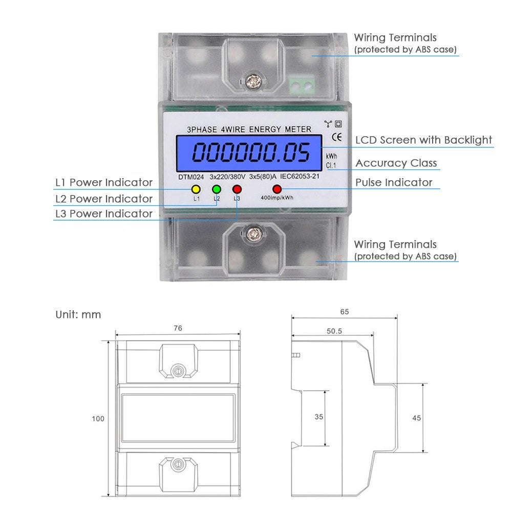 Three Phase Four Wire Digital KWh Meter 220/380V 5-80A Digital Electric Power Meter Energy Consumption DIN-Rail Electric Meter with LCD Display - Transparent