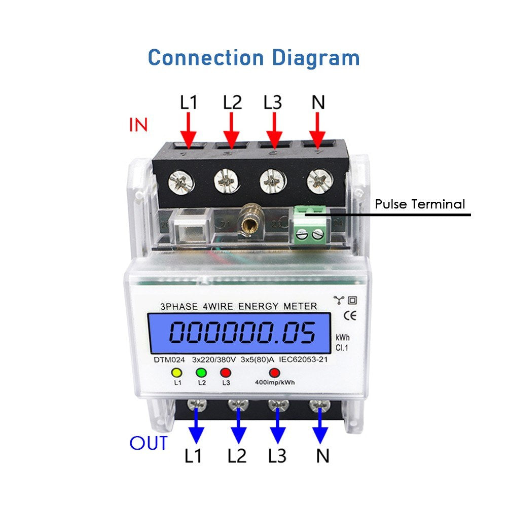 Three Phase Four Wire Digital KWh Meter 220/380V 5-80A Digital Electric Power Meter Energy Consumption DIN-Rail Electric Meter with LCD Display - Transparent