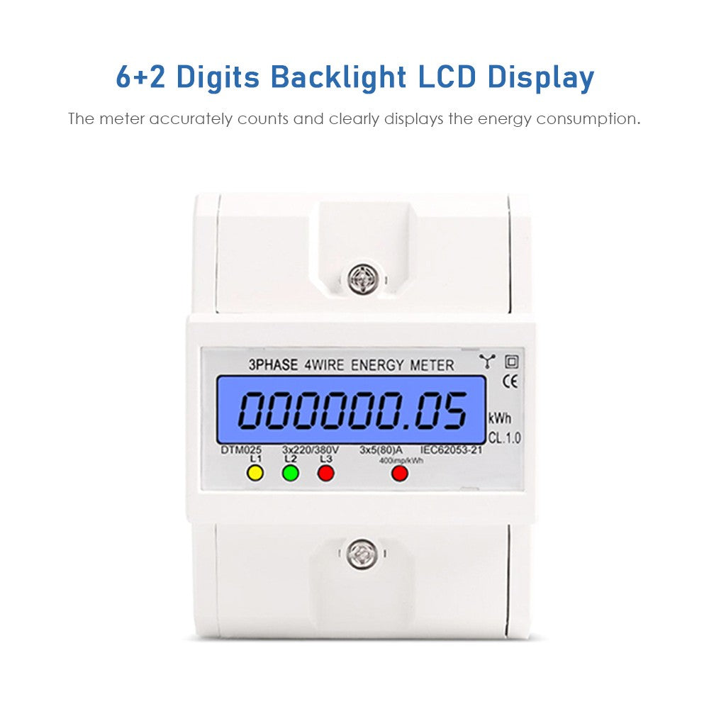 Three Phase Four Wire Digital KWh Meter 220 / 380V 5-80A Digital Electric Power Meter Energy Consumption DIN-Rail Electric Meter with LCD Display - White