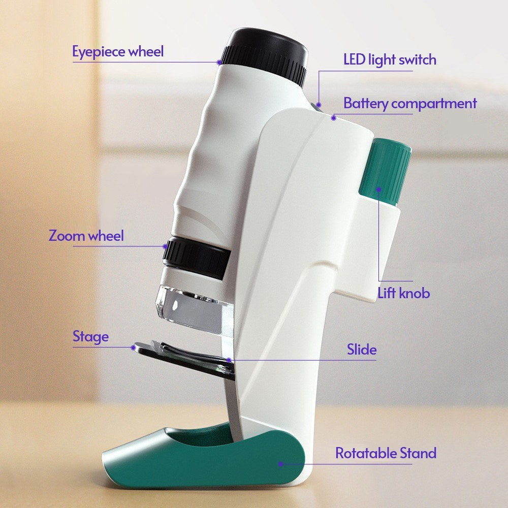 Mini Microscope Portable Pocket Microscope 60x-120x Magnification with Removable Base Cellphone Support for Kids Students