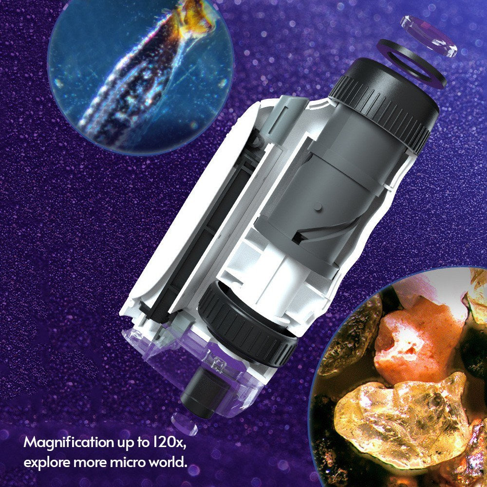Mini Microscope Portable Pocket Microscope 60x-120x Magnification with Removable Base Cellphone Support for Kids Students
