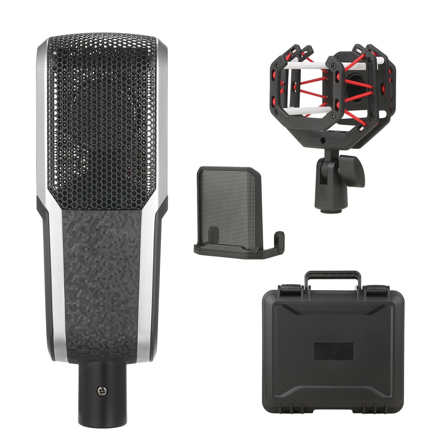 26mm Diaphragm Condenser Microphone XLR Studio Cardioid Condenser Microphone Kit with Shock Mount Clip Mic Rack and Portable Carry Case