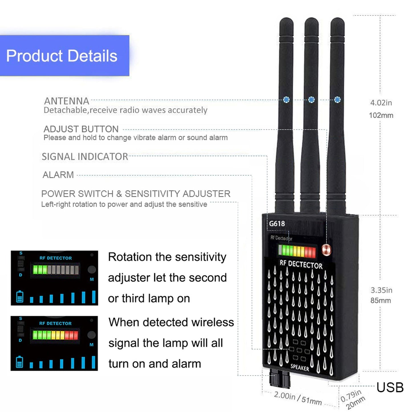 G618 Global Position System Scanning Detector Positioning Ultra-sensitive Tracking Signal Wireless Hidden Camera Eavesdropping Anti-Monitoring Device