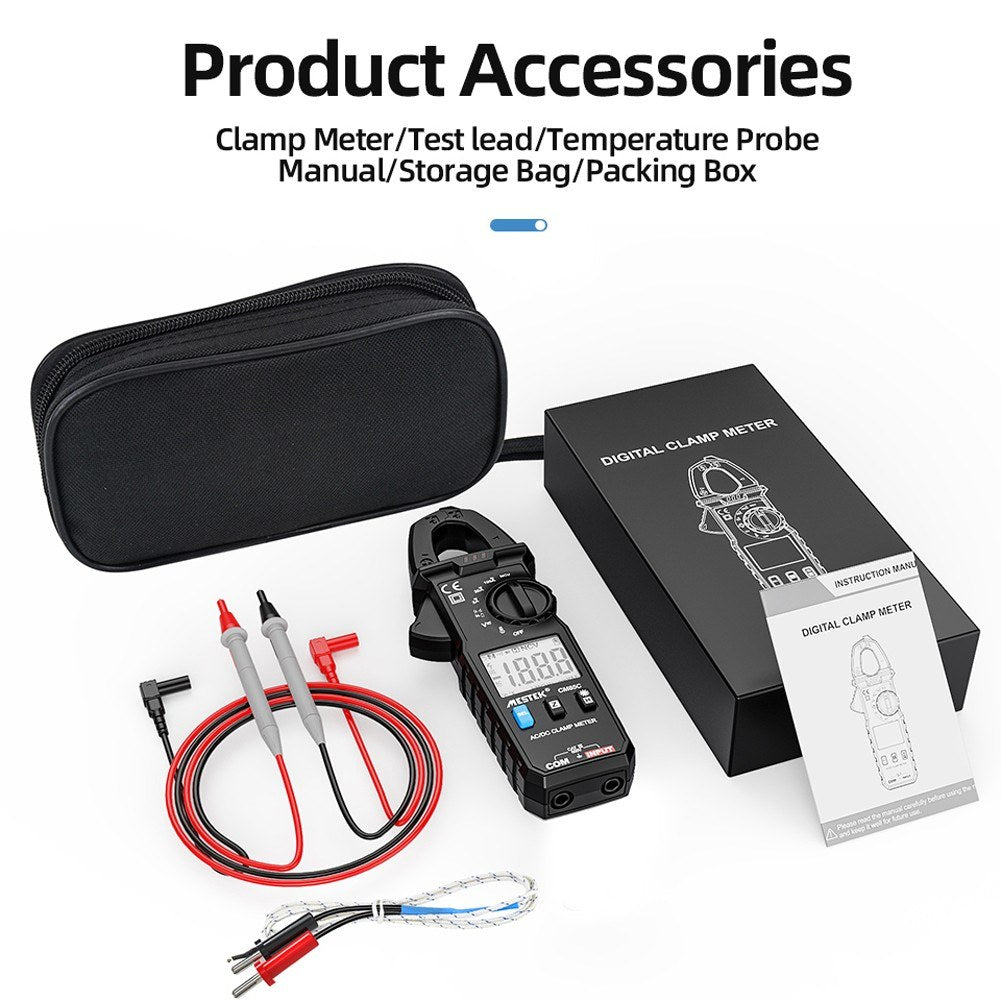 MESTEK Mini Clamp Meter Automatic Ranges LCD Display Portable Clamp Meter Direct Current AC Current Voltage Resistance Capacitance Diode Continuity Temperature Measurement Data Clamp Meter