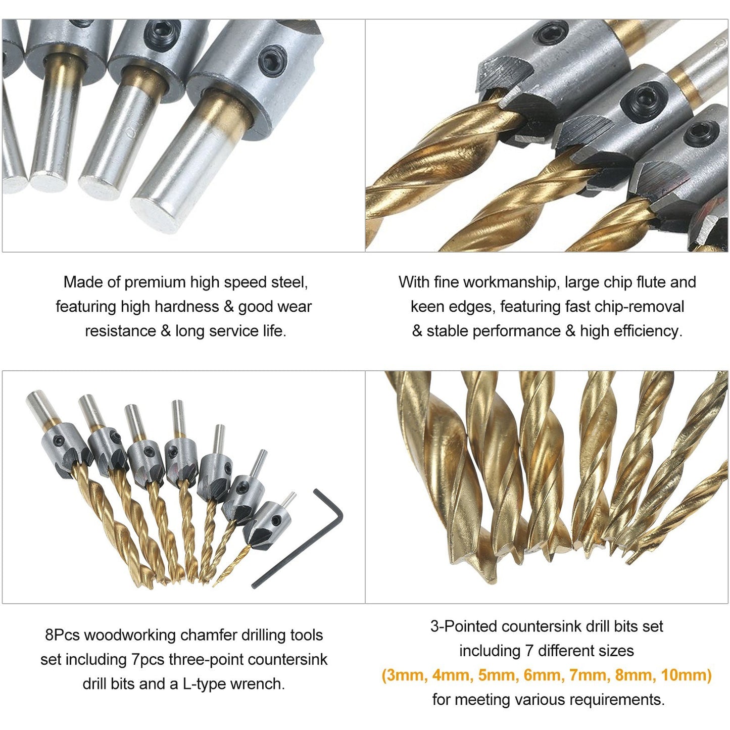 8Pcs Woodworking Chamfer Drilling Tools Set Including 7Pcs Three-point Countersink Drill Bits + L-wrench High-speed Steel Woodworking Bits Set Titanium Plated Drilling Bits for Wood Drilling