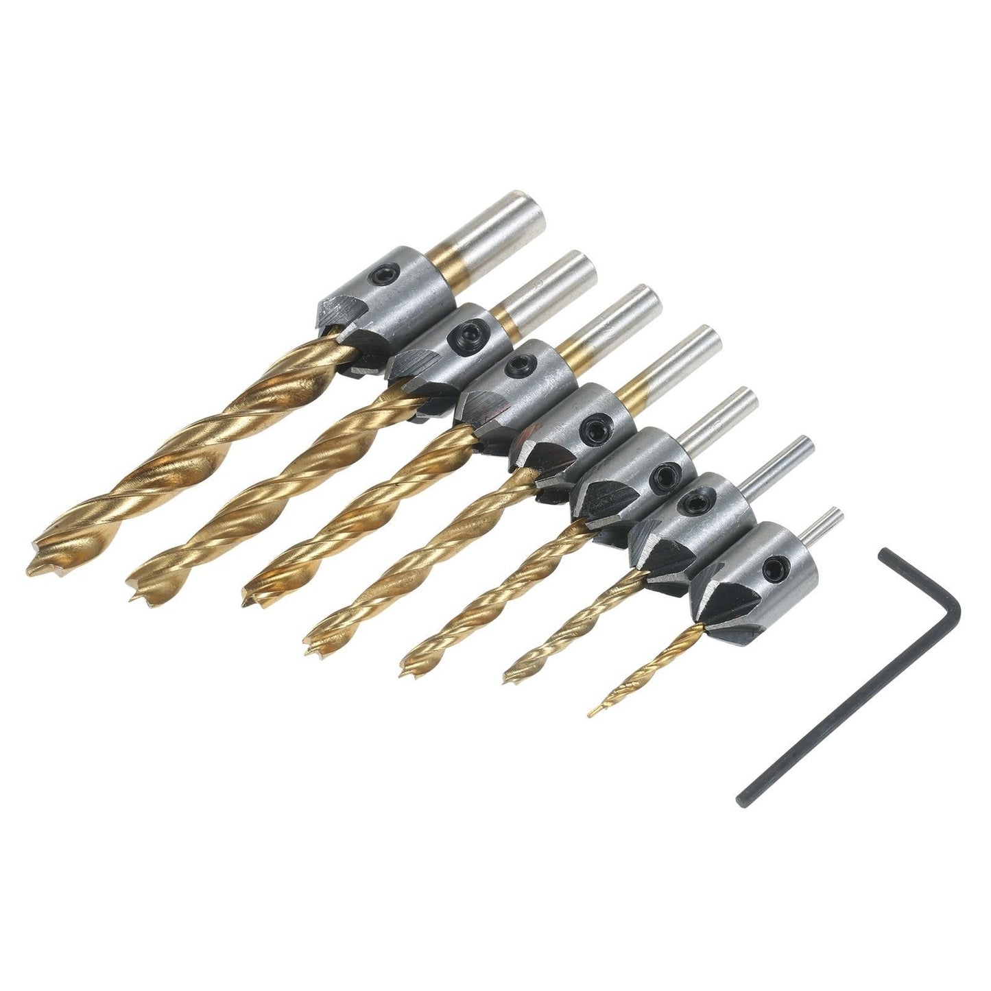 8Pcs Woodworking Chamfer Drilling Tools Set Including 7Pcs Three-point Countersink Drill Bits + L-wrench High-speed Steel Woodworking Bits Set Titanium Plated Drilling Bits for Wood Drilling