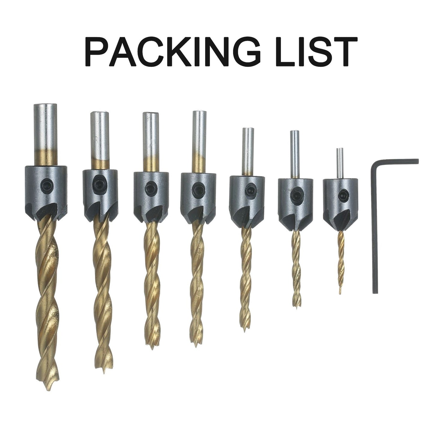 8Pcs Woodworking Chamfer Drilling Tools Set Including 7Pcs Three-point Countersink Drill Bits + L-wrench High-speed Steel Woodworking Bits Set Titanium Plated Drilling Bits for Wood Drilling