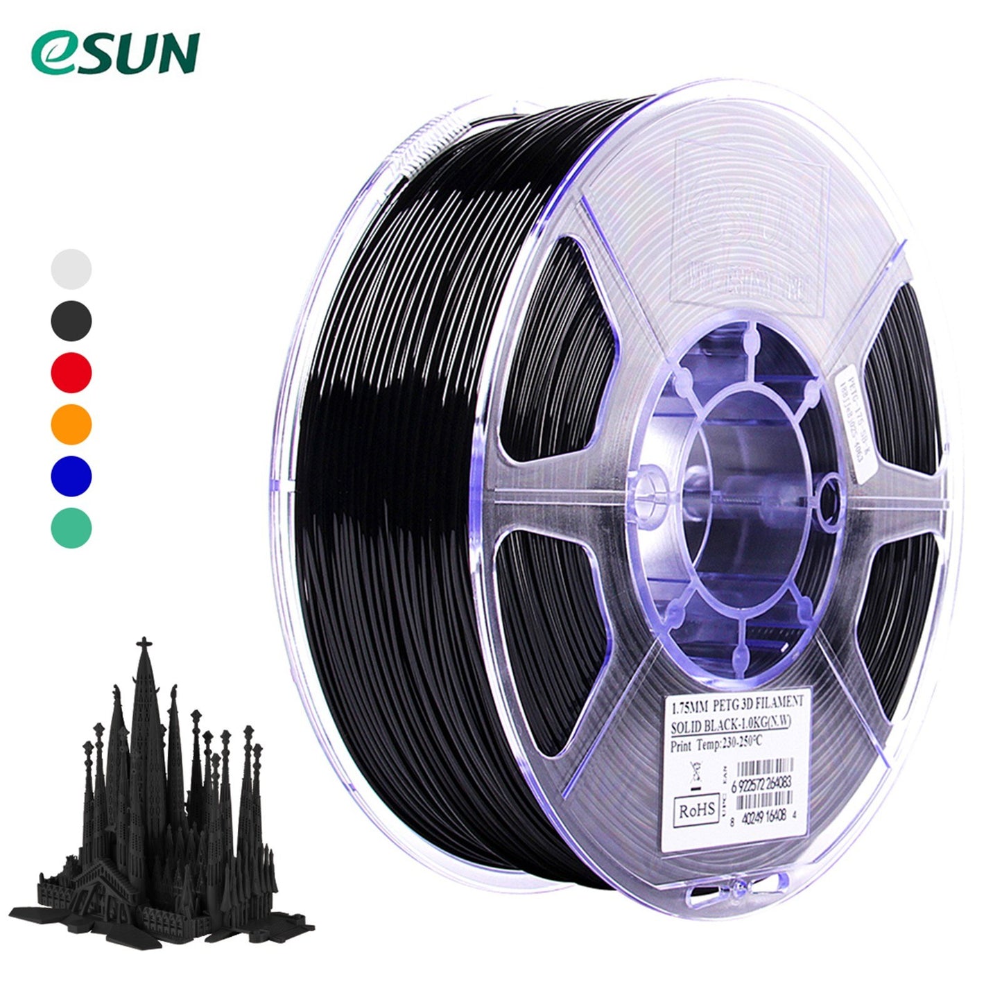 Esun PETG 1.75mm 3D Printer Filament Printing Consumables +/- 0.05mm 1kg (2.2lb) Spool Material Refills - Black