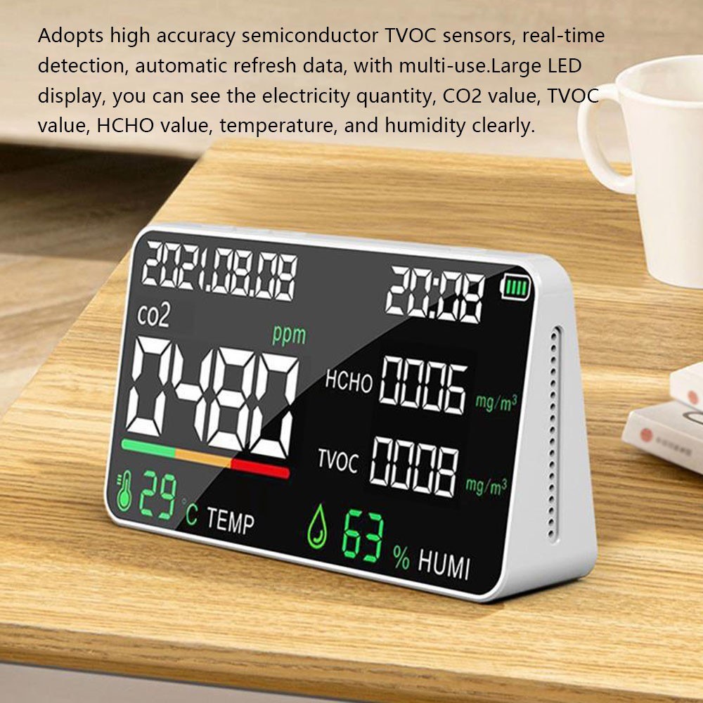 Multifunctional Household Air Quality Detector LED Display CO2 Tester with Carbon Dioxide TVOC HCHO Value Electricity Quantity Temperature Humidity Display Function
