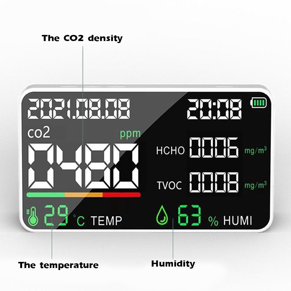 Multifunctional Household Air Quality Detector LED Display CO2 Tester with Carbon Dioxide TVOC HCHO Value Electricity Quantity Temperature Humidity Display Function