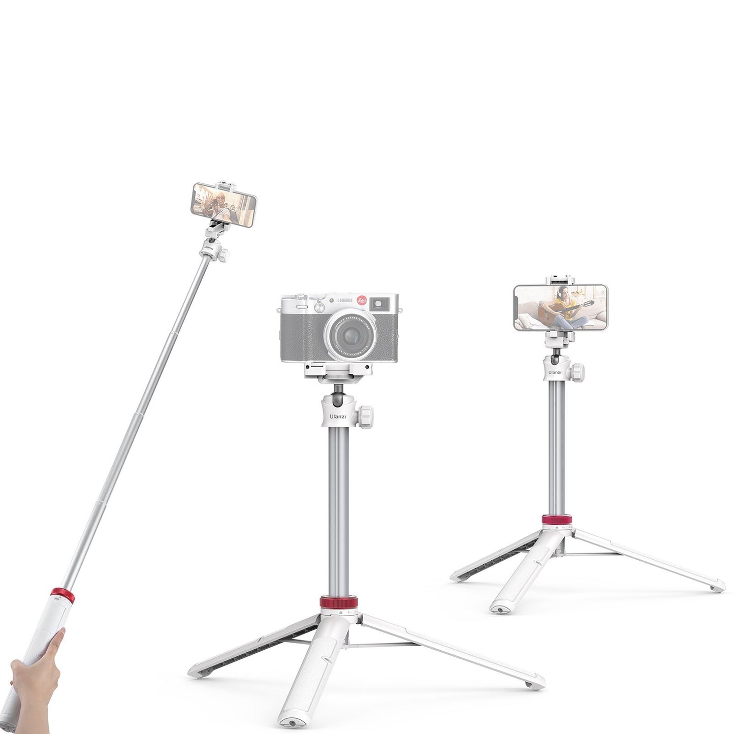 ULANZI MT-44 Extendable Mini Tripod Stand Flexible Portable Selfie Stick with 360° Rotatable Ball Head Quick Release Plate Phone Clip - White