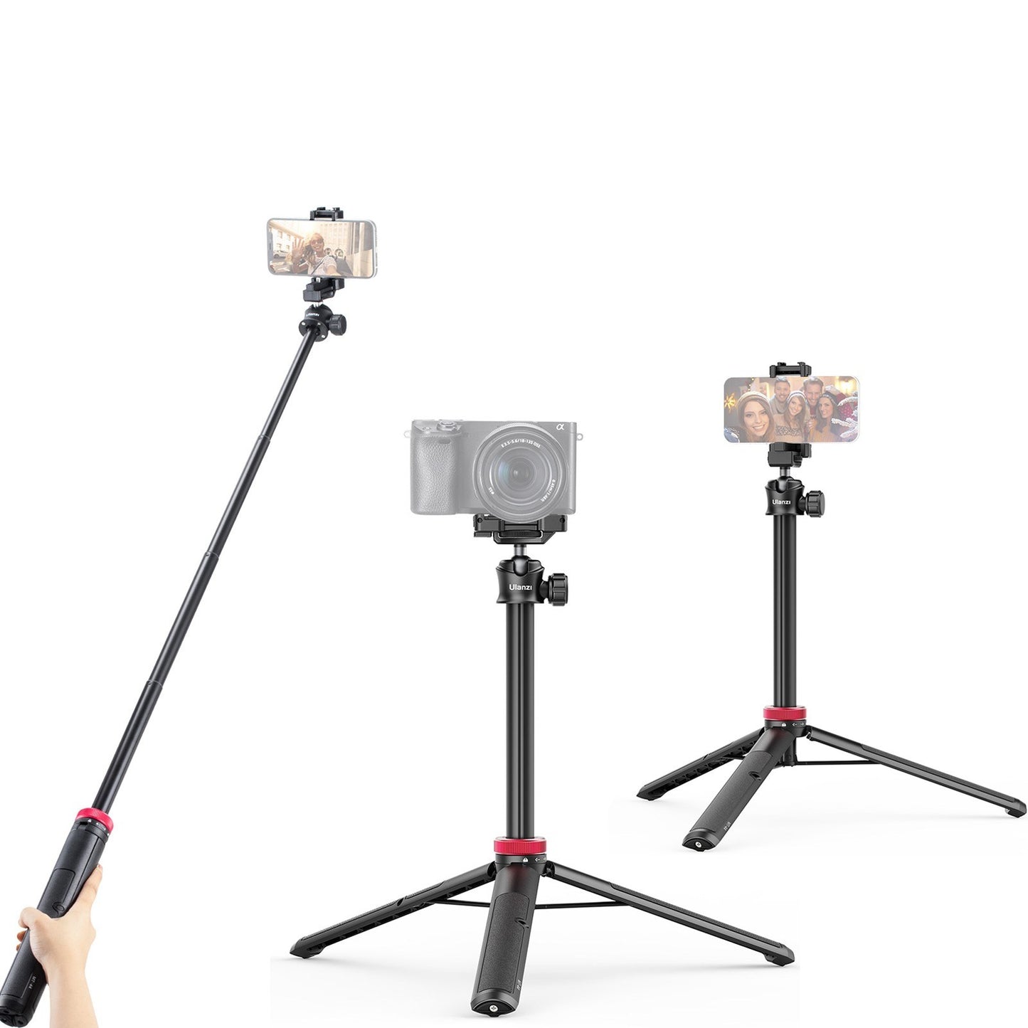 ULANZI MT-44 Extendable Mini Tripod Stand Flexible Portable Selfie Stick with 360° Rotatable Ball Head Quick Release Plate Phone Clip - Black