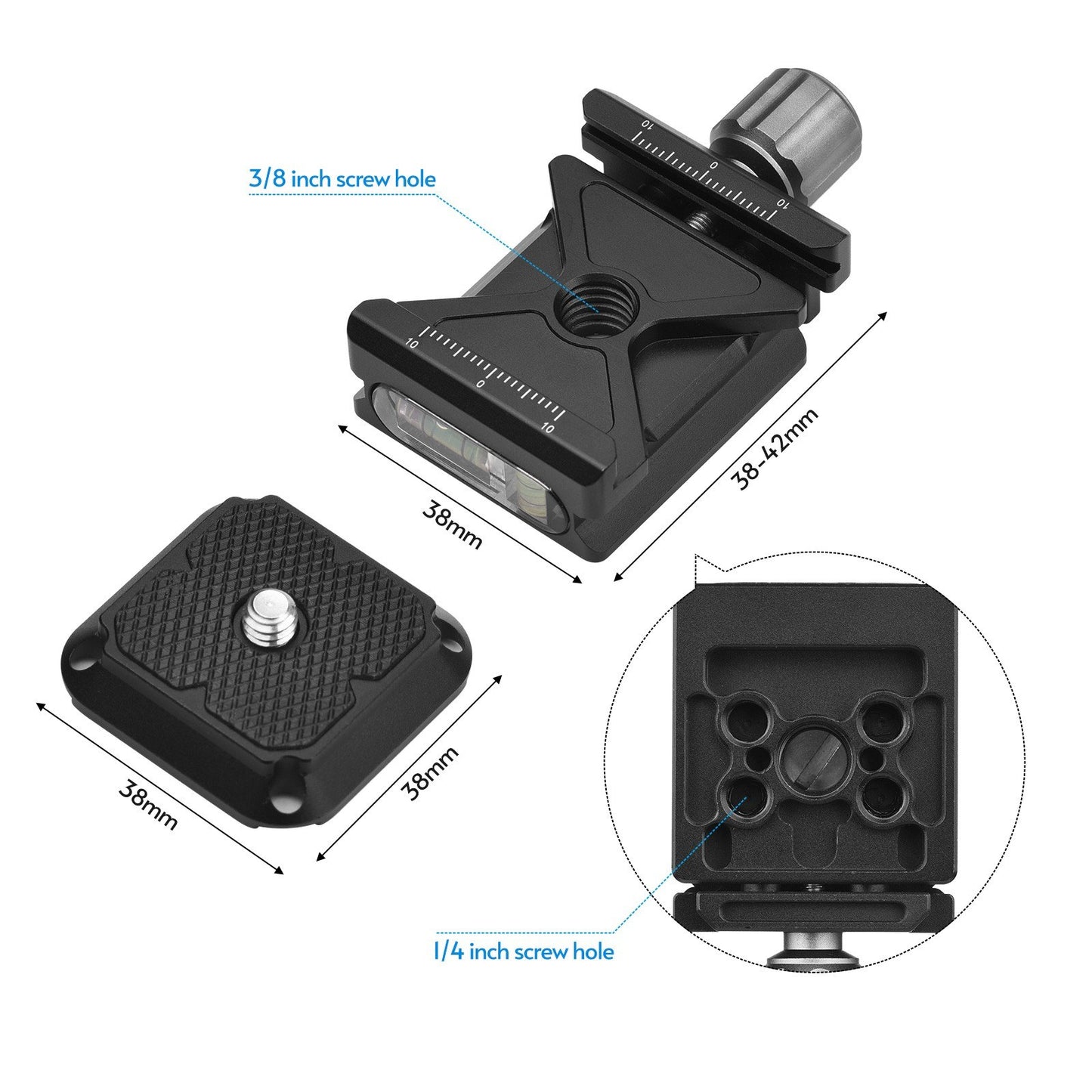 Camera Quick Release Plate Aluminum Alloy QR Clamp Adapter with 1/4 Inch and 3/8 Inch Screw Hole for Tripod Monopod