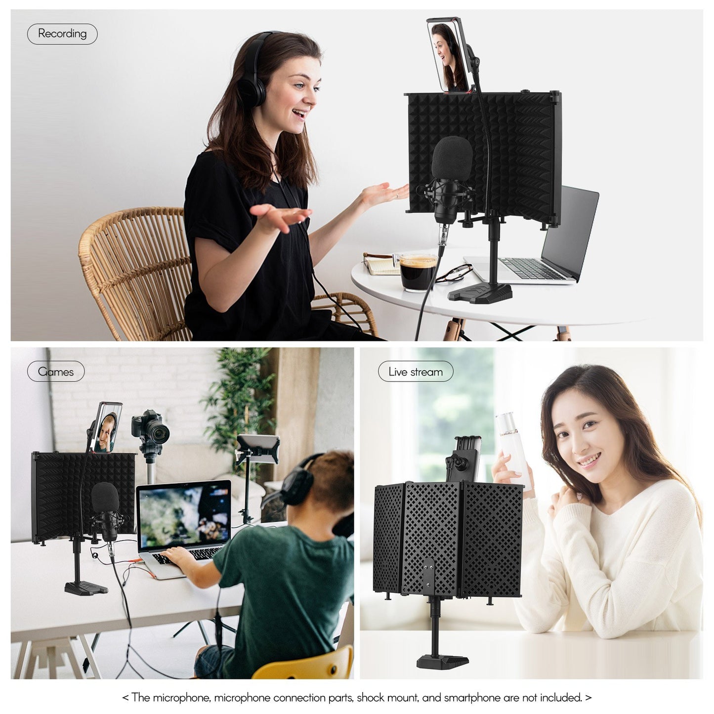 Microphone Isolation Shield Mic Windscreen 3-Panel Sound Absorbing Foam Reflector with Supporting Rod Base Phone Clip 5/8 Inch Screw Adapter