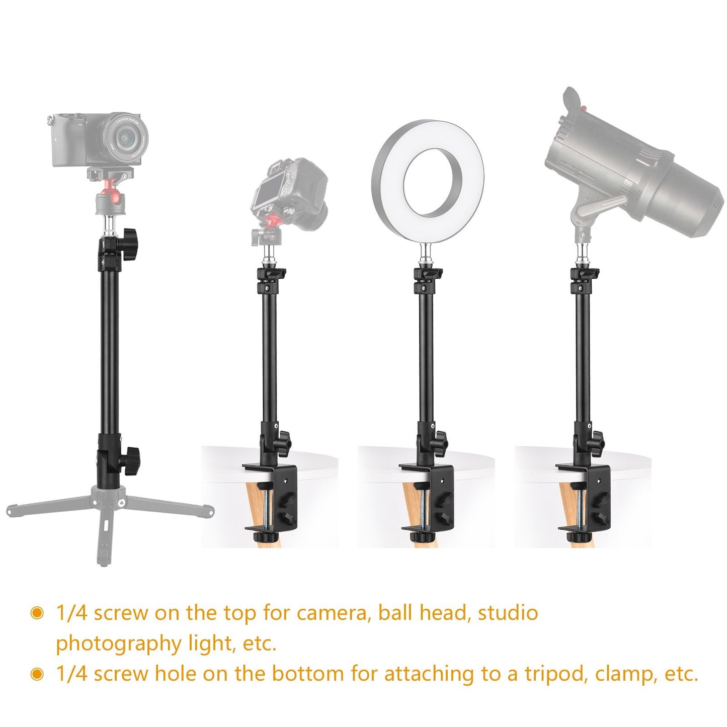 Multifunctional Universal Aluminum Alloy C Clamp + Adjustable Tripod Extension Rod with 1/4 inch Screw Adjustable Length Angles 28-46cm for Camera Photography