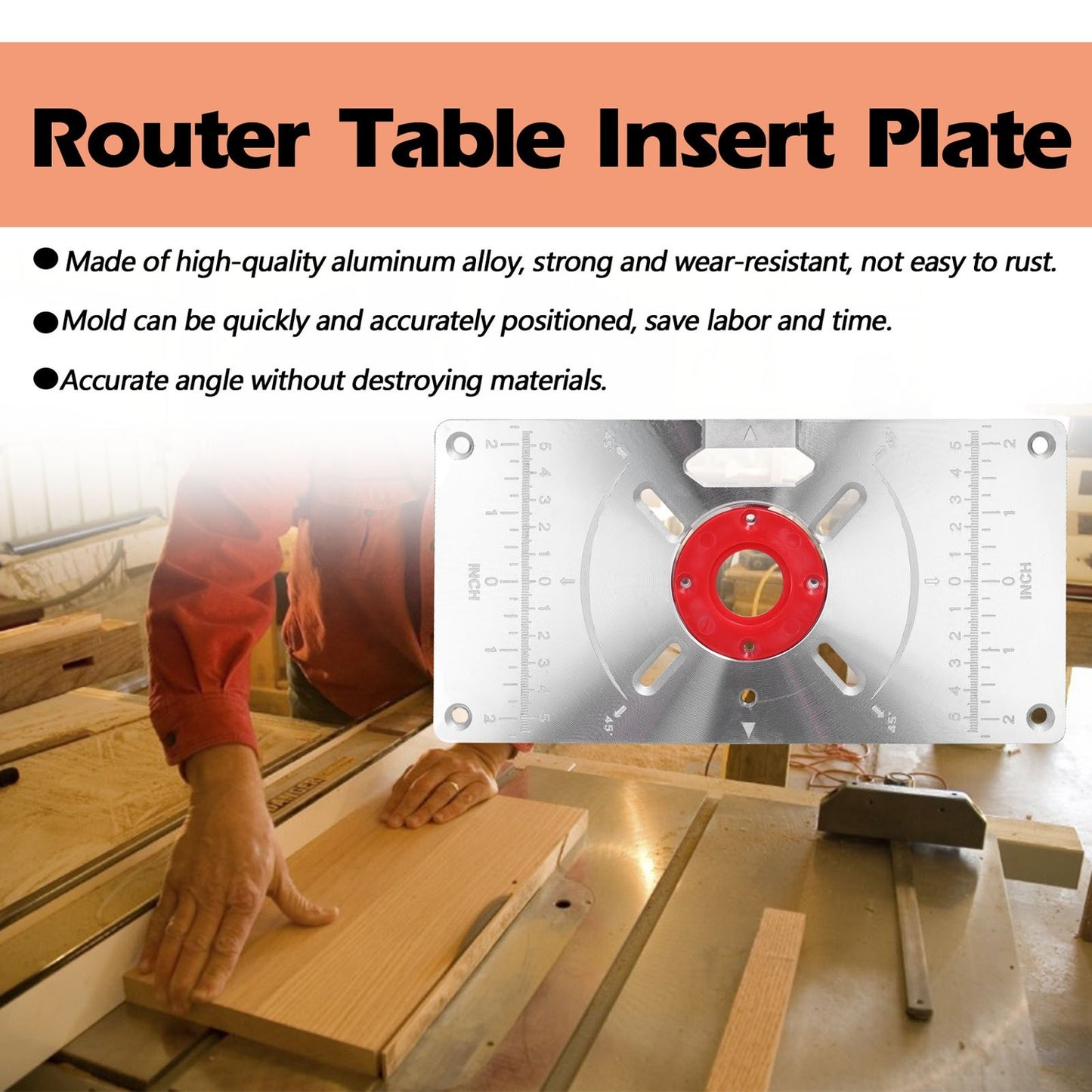 Aluminum Router Table Insert Plate with 4 Rings for Popular Trimmers Routers DIY Woodworking - Red
