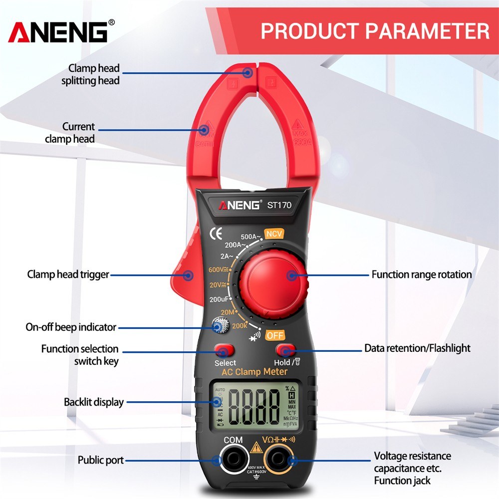 Aneng ST170 Digital Clamp Meter Multimeter 1999 Counts AC DC Smart Clamp Meter, Auto-ranging Measure Resistance - Black/Red