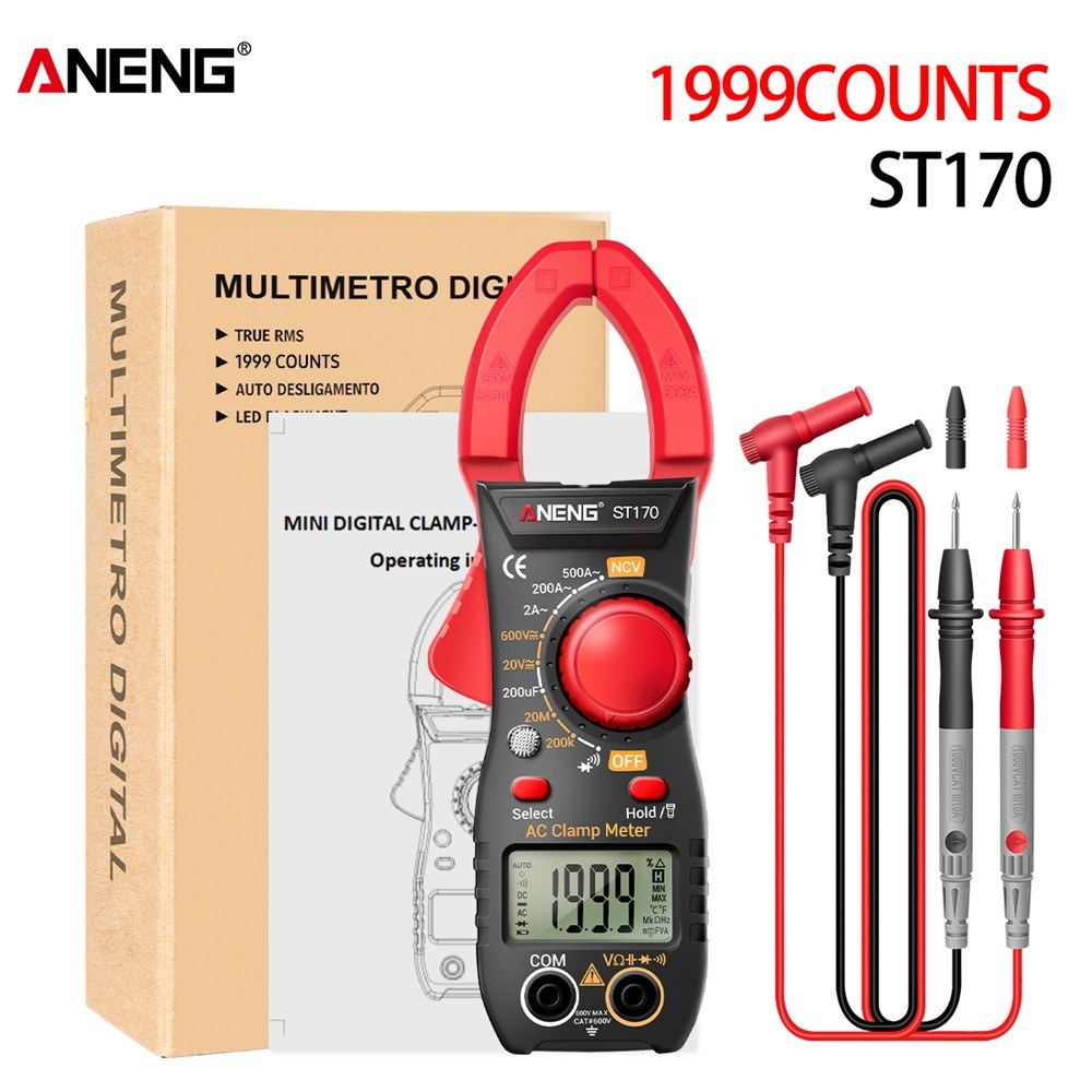 Aneng ST170 Digital Clamp Meter Multimeter 1999 Counts AC DC Smart Clamp Meter, Auto-ranging Measure Resistance - Black/Red