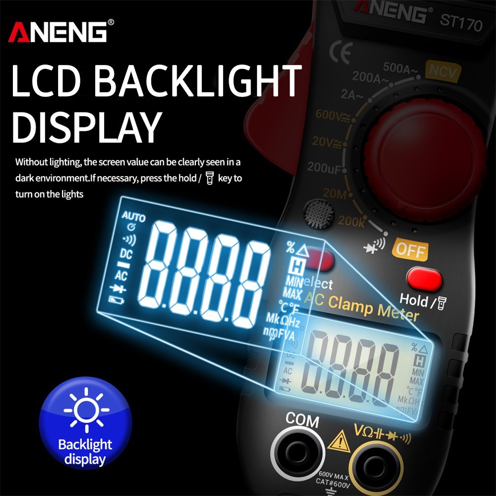 Aneng ST170 Digital Clamp Meter Multimeter 1999 Counts AC DC Smart Clamp Meter, Auto-ranging Measure Resistance - Black/Red