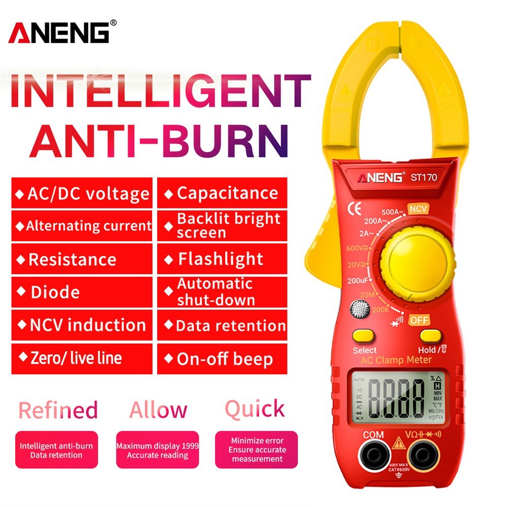 Aneng ST170 Digital Clamp Meter Multimeter 1999 Counts AC DC Smart Clamp Meter, Auto-ranging Measure Resistance - Red/Yellow