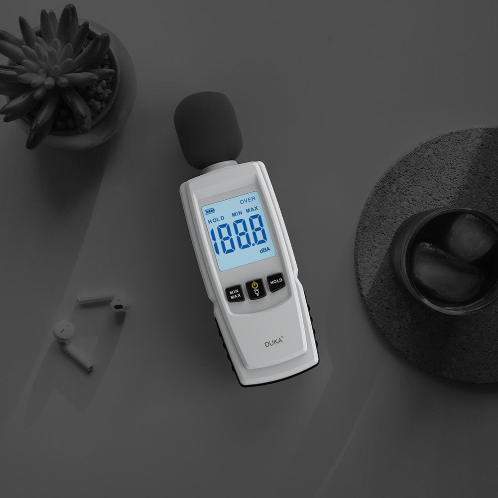 DUKA Sound Level Meter Digital Decibel Meter Range 30-130dBA Hand-held Sound Noise Meter with Backlight Alarm