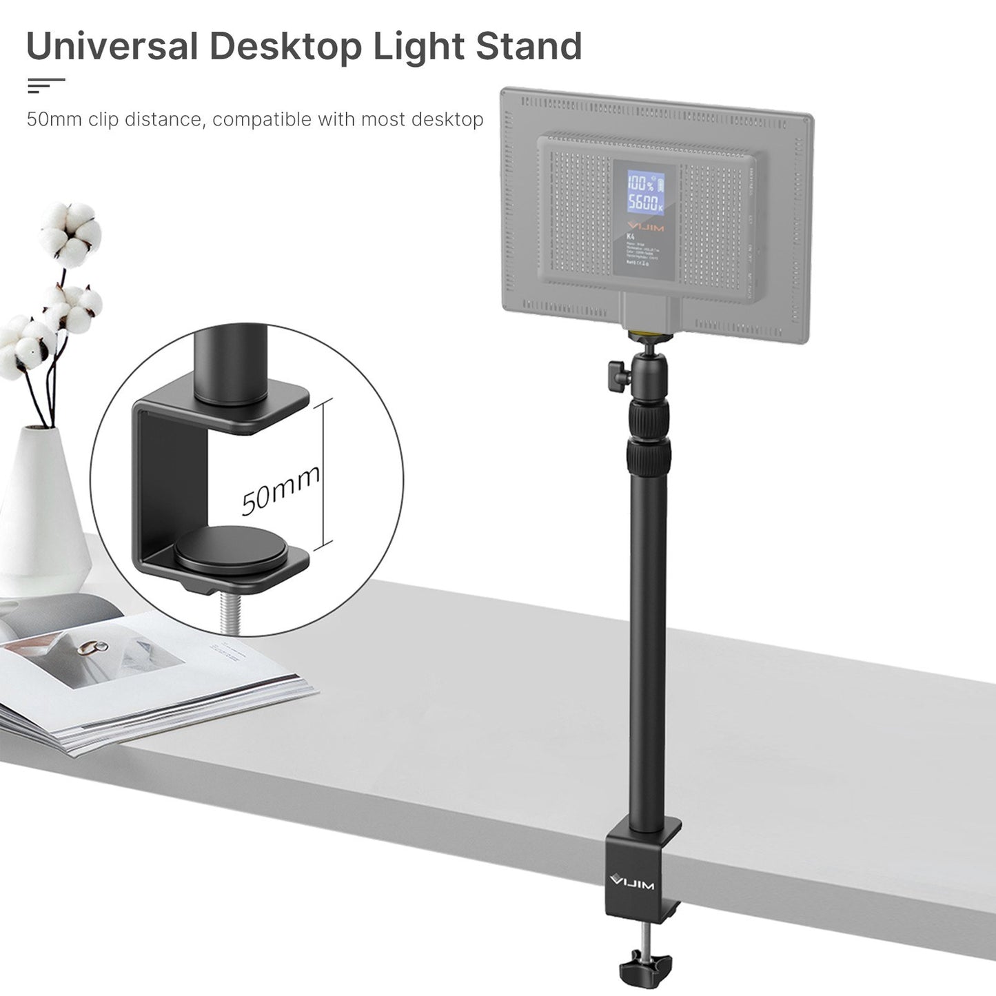 VIJIM Height Adjustable Table Stand 1.5KG Payload with Detachable 360° Swivel Ball Head Table Clamp Universal 1/4-inch Interface for LED Video Light Camera Phone Holder Mounting