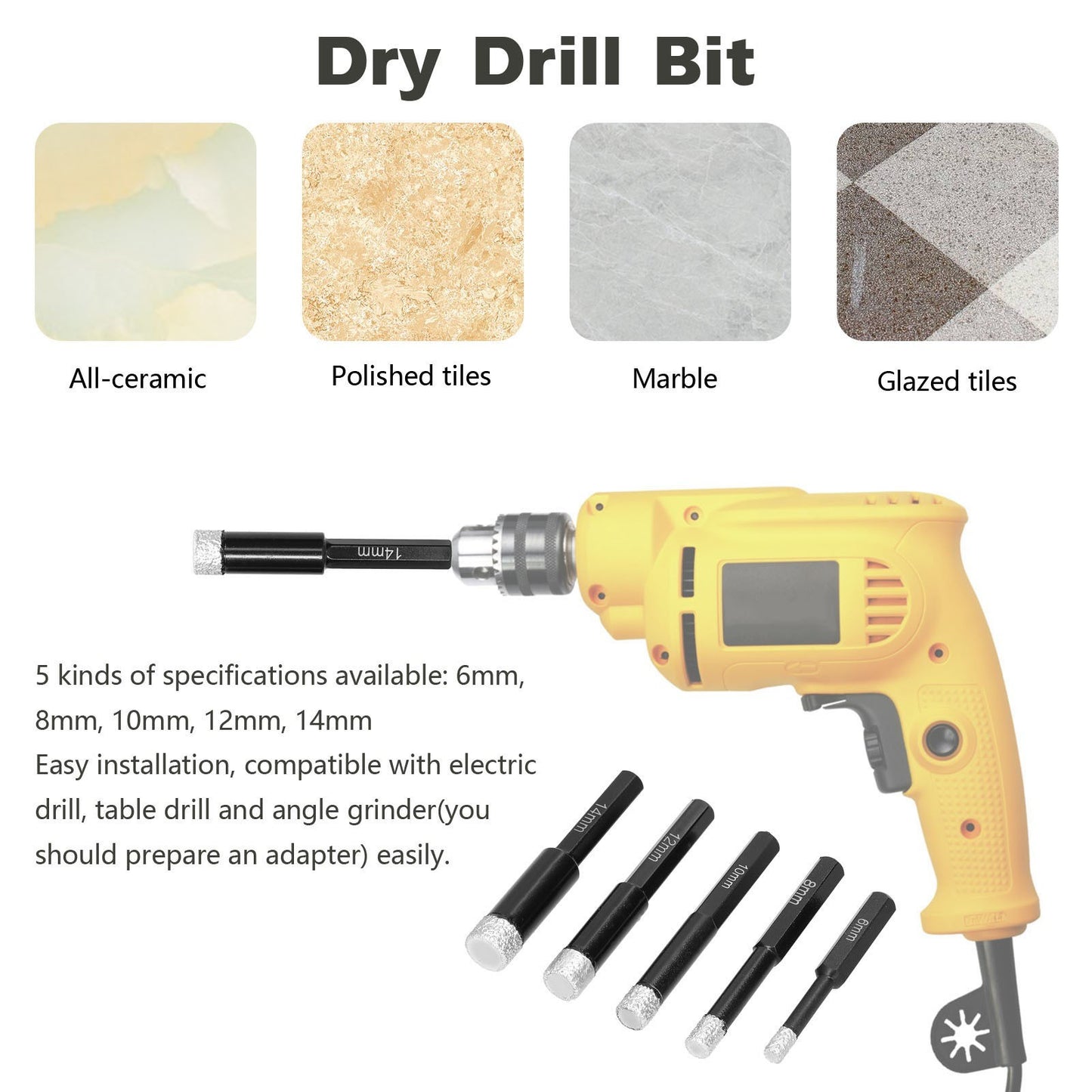 Dry Drill Bit Brazed Welding Diamond Ceramic Vitrified Polished Glazed Tile Archaized Brick Marble Holes Drilling Accessory - 14mm