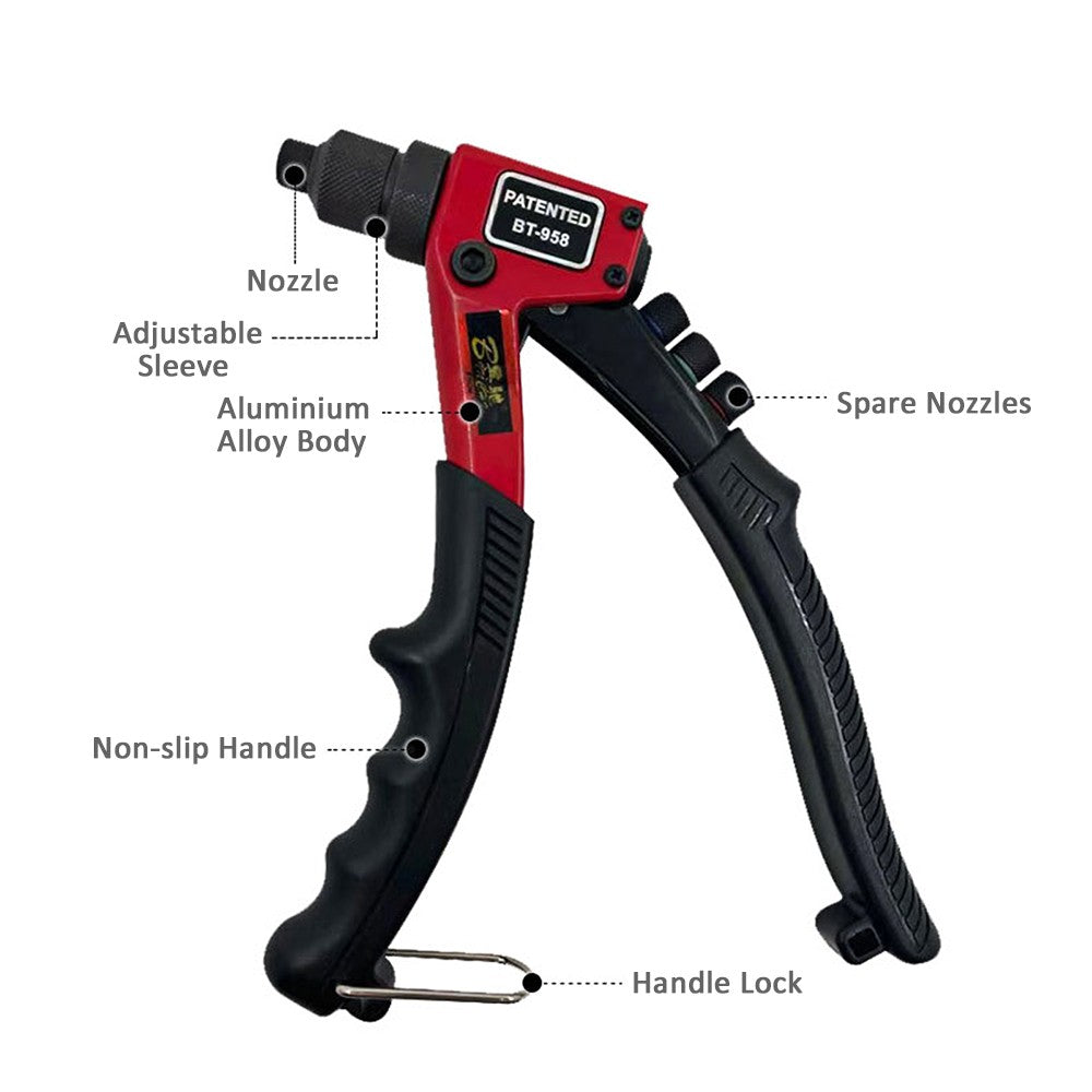 Hand Rivet Gun Heavy Duty Manual Riveter Hand Tool with 4 Interchangeable Heads 3/32 Inch 1/8 Inch 5/32 Inch 3/16 Inch
