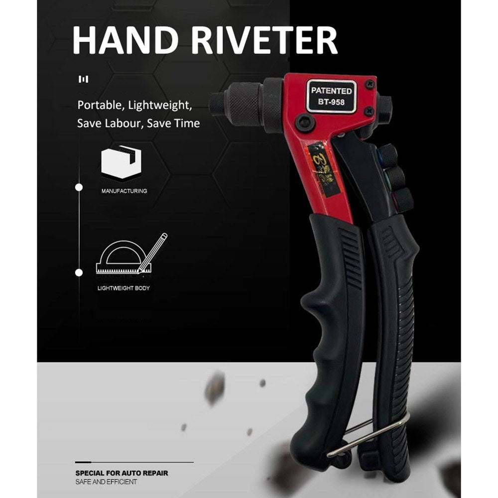 Hand Rivet Gun Heavy Duty Manual Riveter Hand Tool with 4 Interchangeable Heads 3/32 Inch 1/8 Inch 5/32 Inch 3/16 Inch
