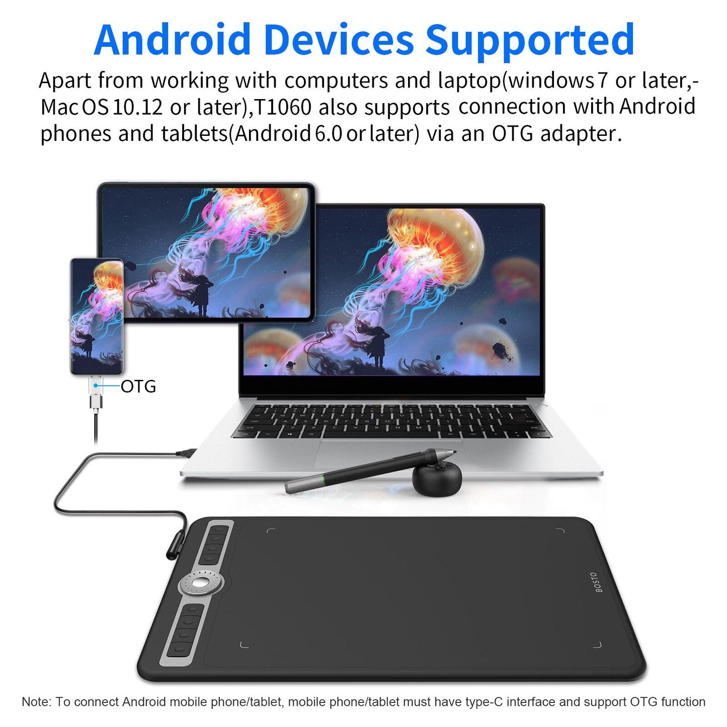 BOSTO T1060 10 x 6 inch 8192 Levels Pressure Digital Art Graphic Drawing Tablet with Battery-free Stylus and 10 Pen Nibs for Drawing Designing Teaching Online Course