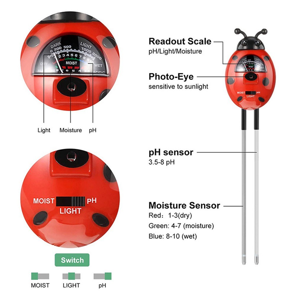 3-in-1 Portable Beetle Shape Soil Tester Moisture Light PH Meter Tool for Garden Farm Plant Law