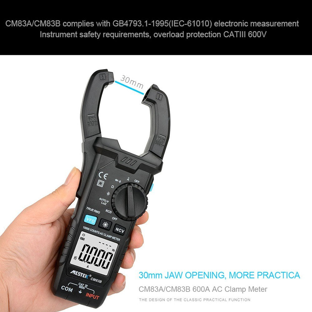 MESTEK Digital Clamp Meter 600A AC Current 600V AC/DC Voltage Capacitance Measurement Tester Multimeter Measurement Tool - CM83B Auto Range