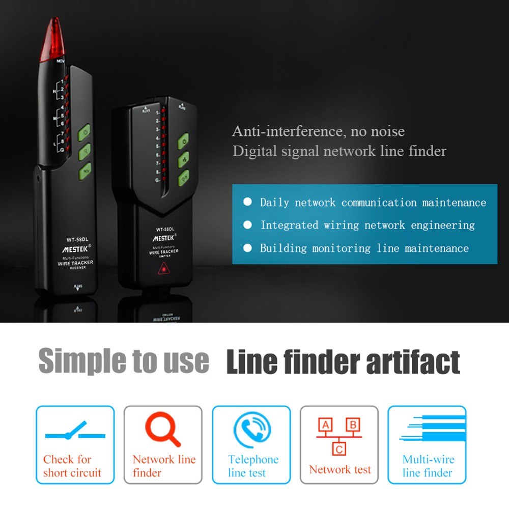 Uniqkart WT-58DL Handheld Network Cable Tester Wire Tracker Electrical Line Finding Testing Detector for Network Maintenance Collation