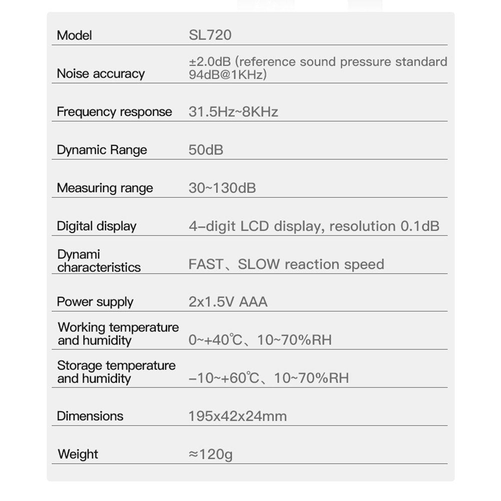 Uniqkart SL720 30-130dB Meter Noise Detector Audio Sound Level Monitor Measuring Tool