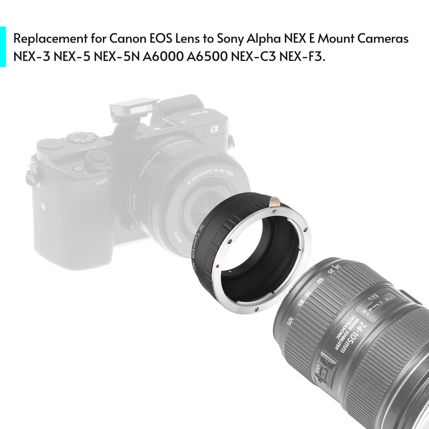 Andoer EOS-NEX Premium Aluminum Alloy Camera Lens Adapter Ring with Infinity Focus Replacement for Canon EOS Lens to Sony Alpha NEX E Mount Cameras NEX-3 NEX-5 NEX-5N A6000 A6500 NEX-C3 NEX-F3