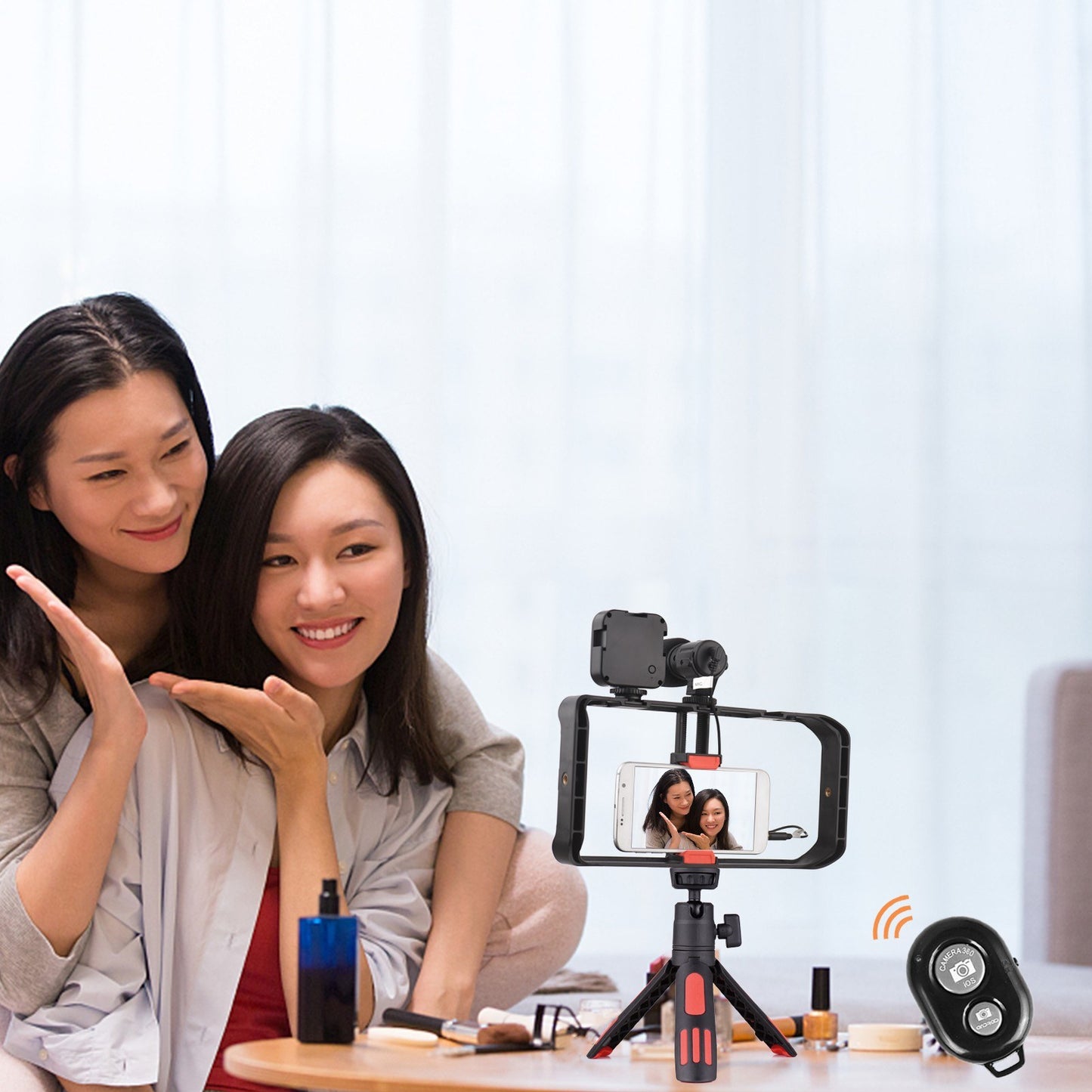 Andoer Dual Handheld Phone Cage Vlog Kit LED Video Light + Cardioid Microphone + Phone Video Rig Stabilizer Grip + TRS to TRS/TRRS Audio Cable + Tripod + Remote Control