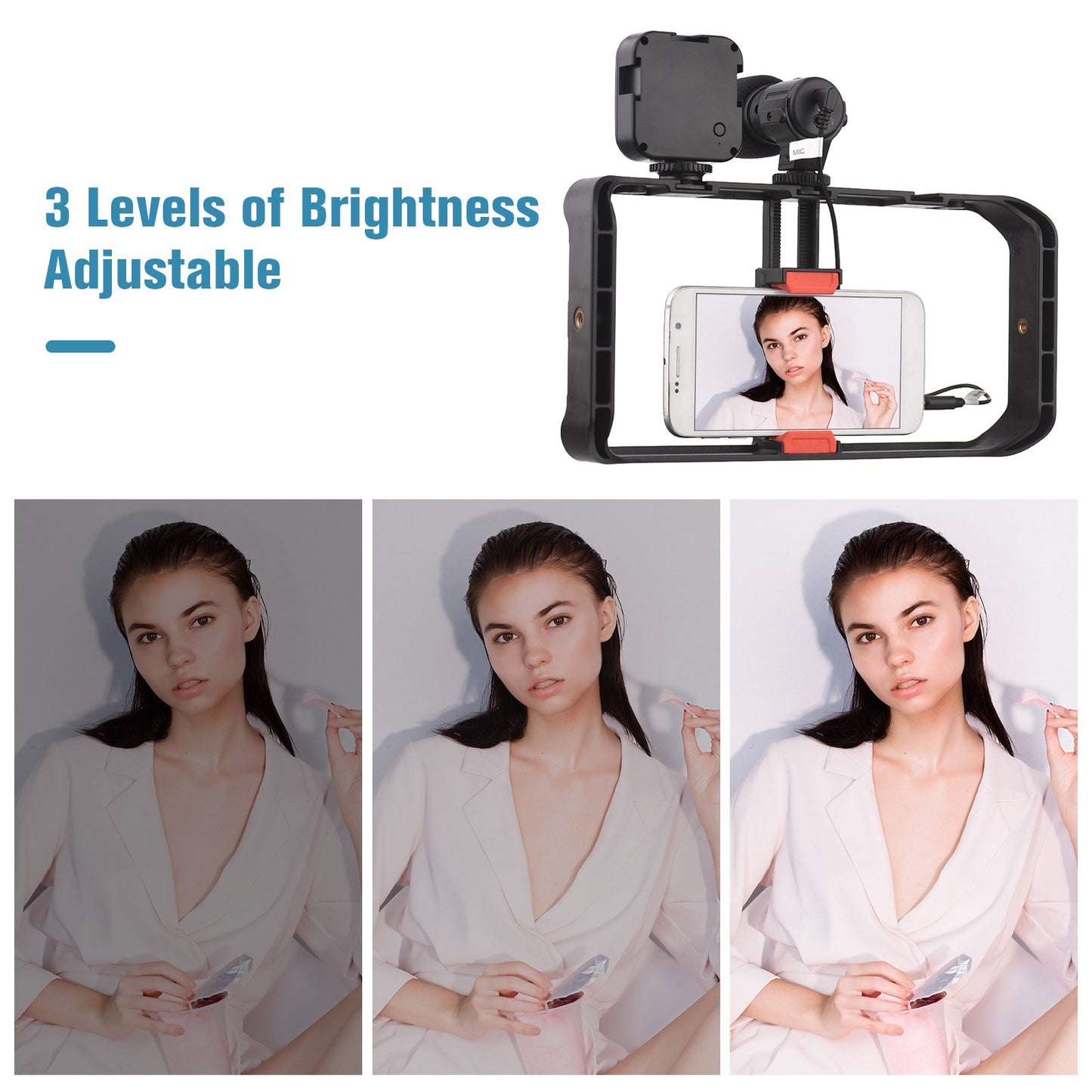 Andoer Dual Handheld Phone Cage Vlog Kit LED Video Light + Cardioid Microphone + Phone Video Rig Stabilizer Grip + TRS to TRS/TRRS Audio Cable + Tripod + Remote Control