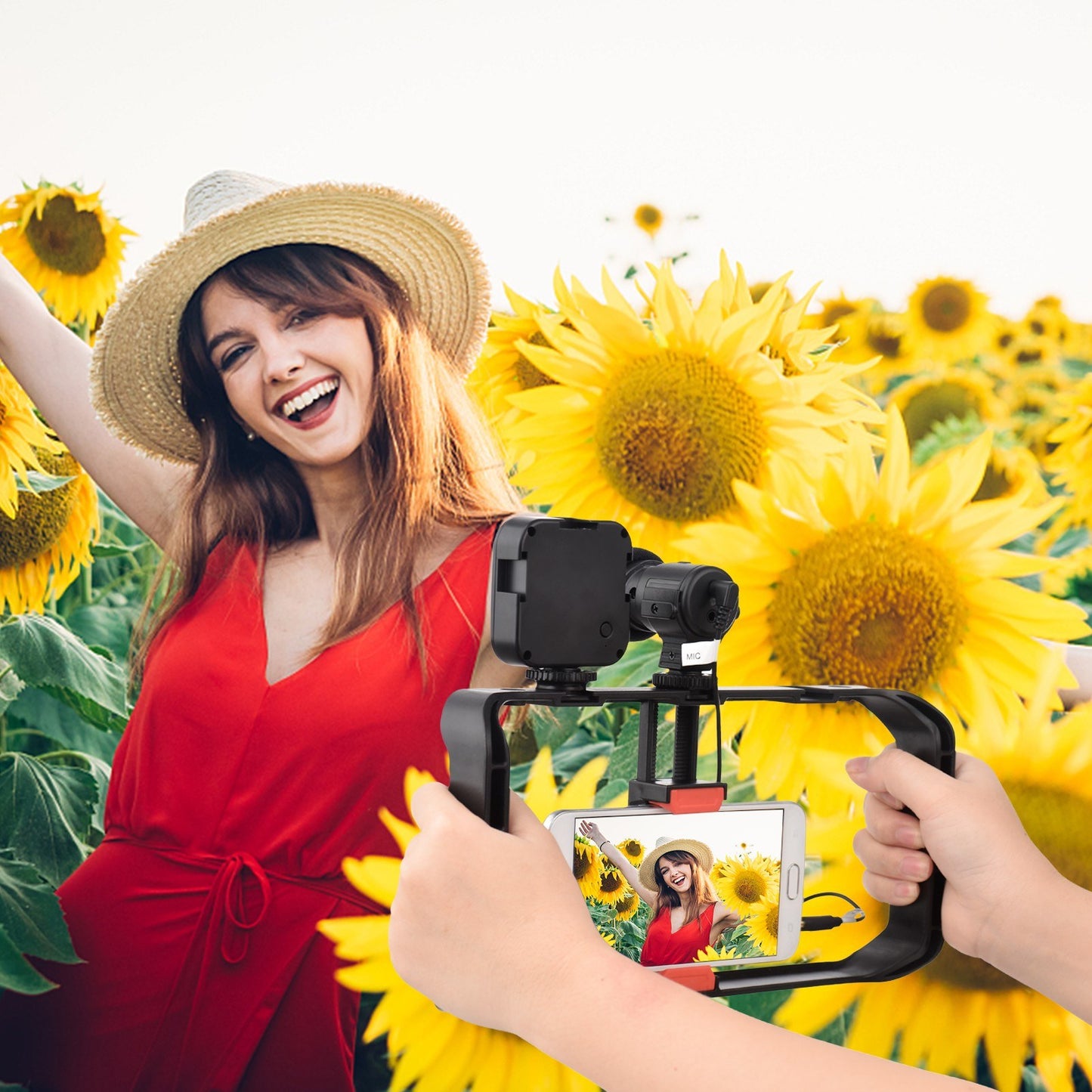 Andoer Dual Handheld Phone Cage Vlog Kit LED Video Light + Cardioid Microphone + Phone Video Rig Stabilizer Grip + TRS to TRS/TRRS Audio Cable + Tripod + Remote Control