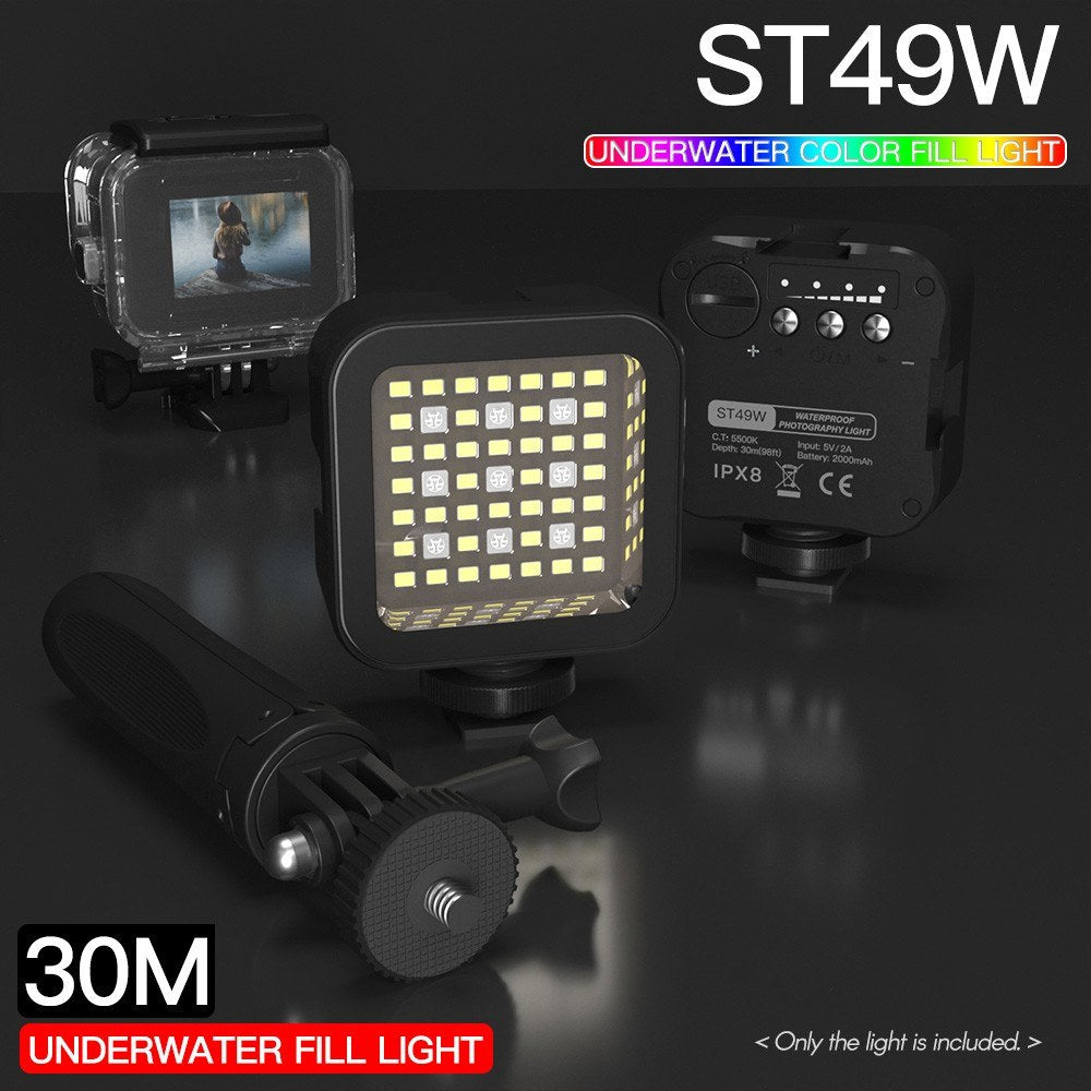 30m/98ft Portable Waterproof RGB LED Video Light Dimmable Brightness Mini Camera Light 5500K Color Temperature with Cold Shoe 1/4 inch Screw