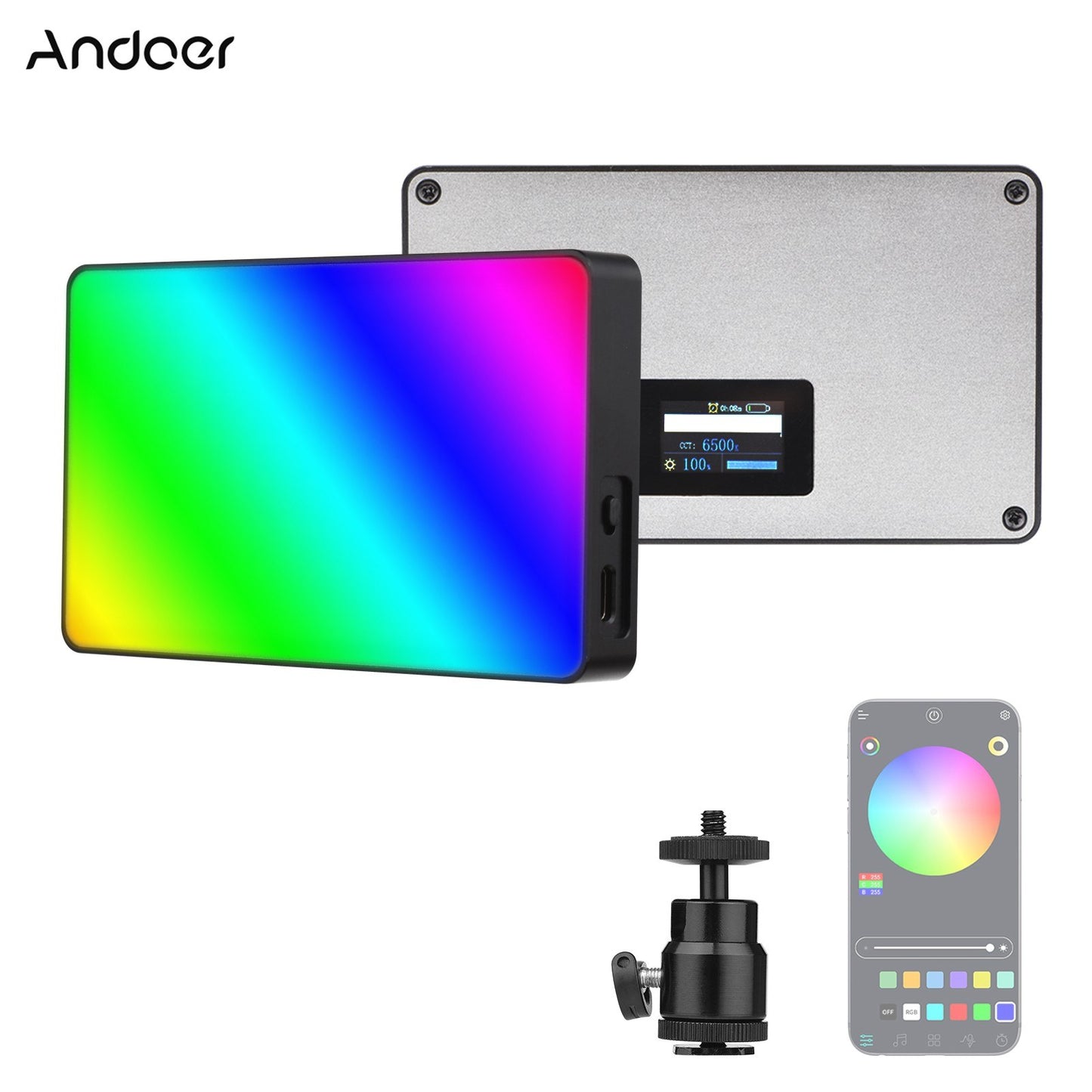 Andoer APP Control 360-degree Full Color RGB Photography Light Lightweight Professional LED Video Light Bi-Color Temperature 3000K-6500K Dimmable Brightness with Grid Soft Cover Storage Bag
