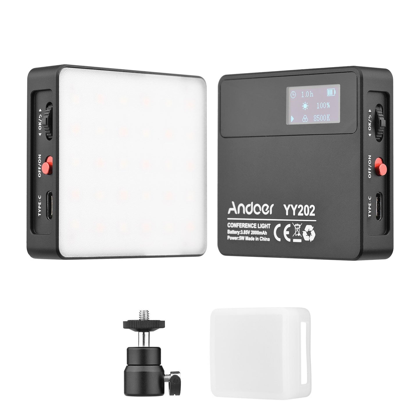 Andoer YY202 Bi-Color Pocket LED Video Light Built-in Battery 2500K-8500K Dimmable Photography Conference Fill Light with Silicone Diffuser Mini Ballhead Adapter