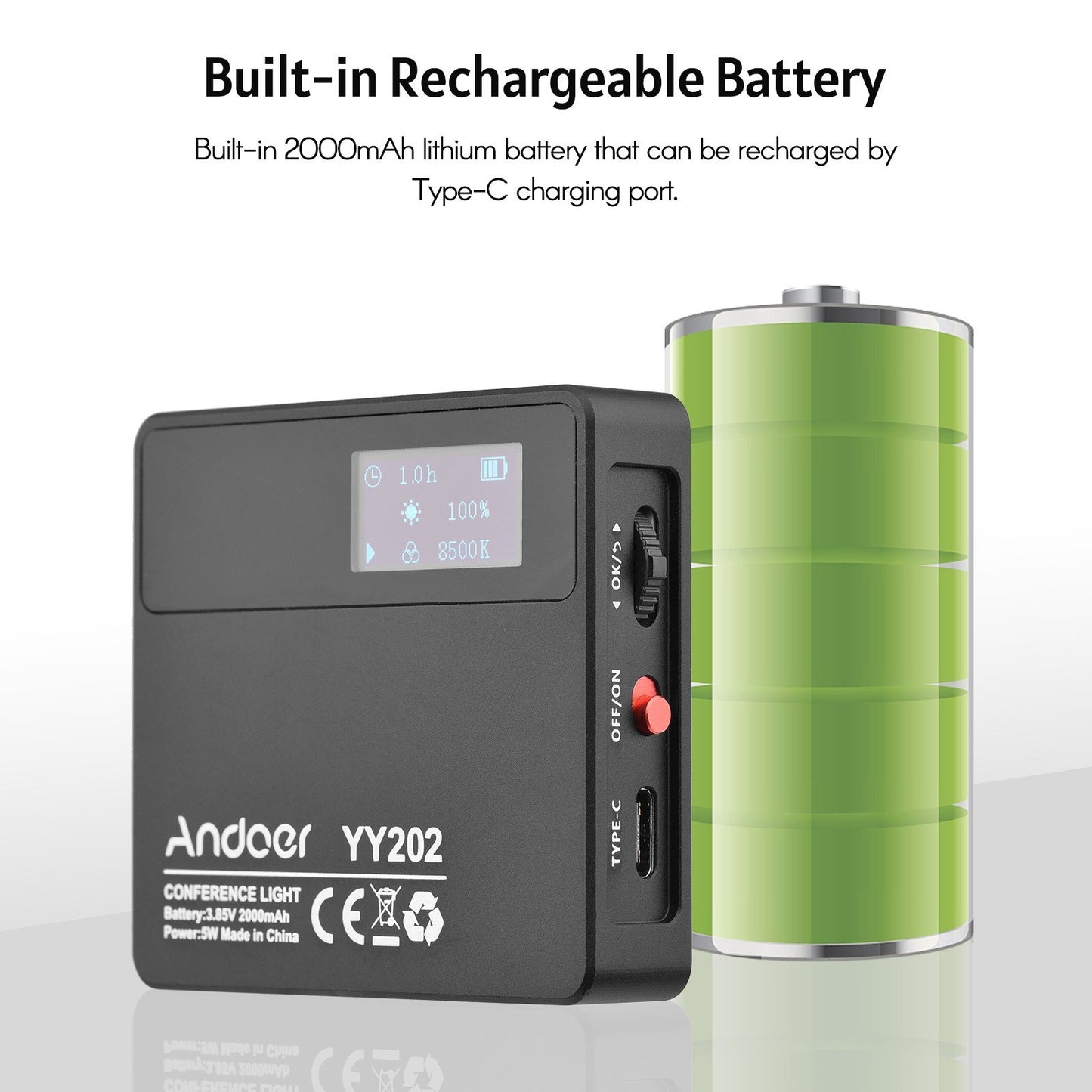 Andoer YY202 Bi-Color Pocket LED Video Light Built-in Battery 2500K-8500K Dimmable Photography Conference Fill Light with Silicone Diffuser Mini Ballhead Adapter