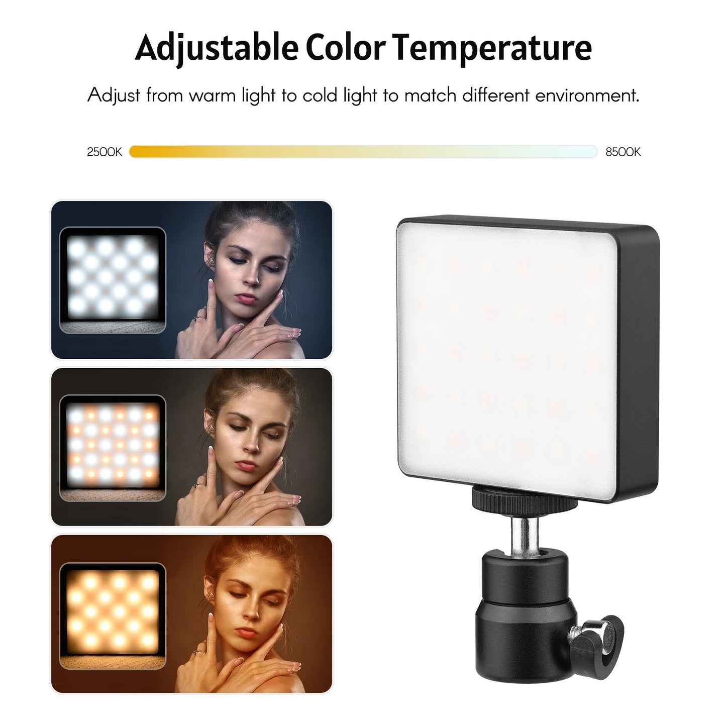 Andoer YY202 Bi-Color Pocket LED Video Light Built-in Battery 2500K-8500K Dimmable Photography Conference Fill Light with Silicone Diffuser Mini Ballhead Adapter