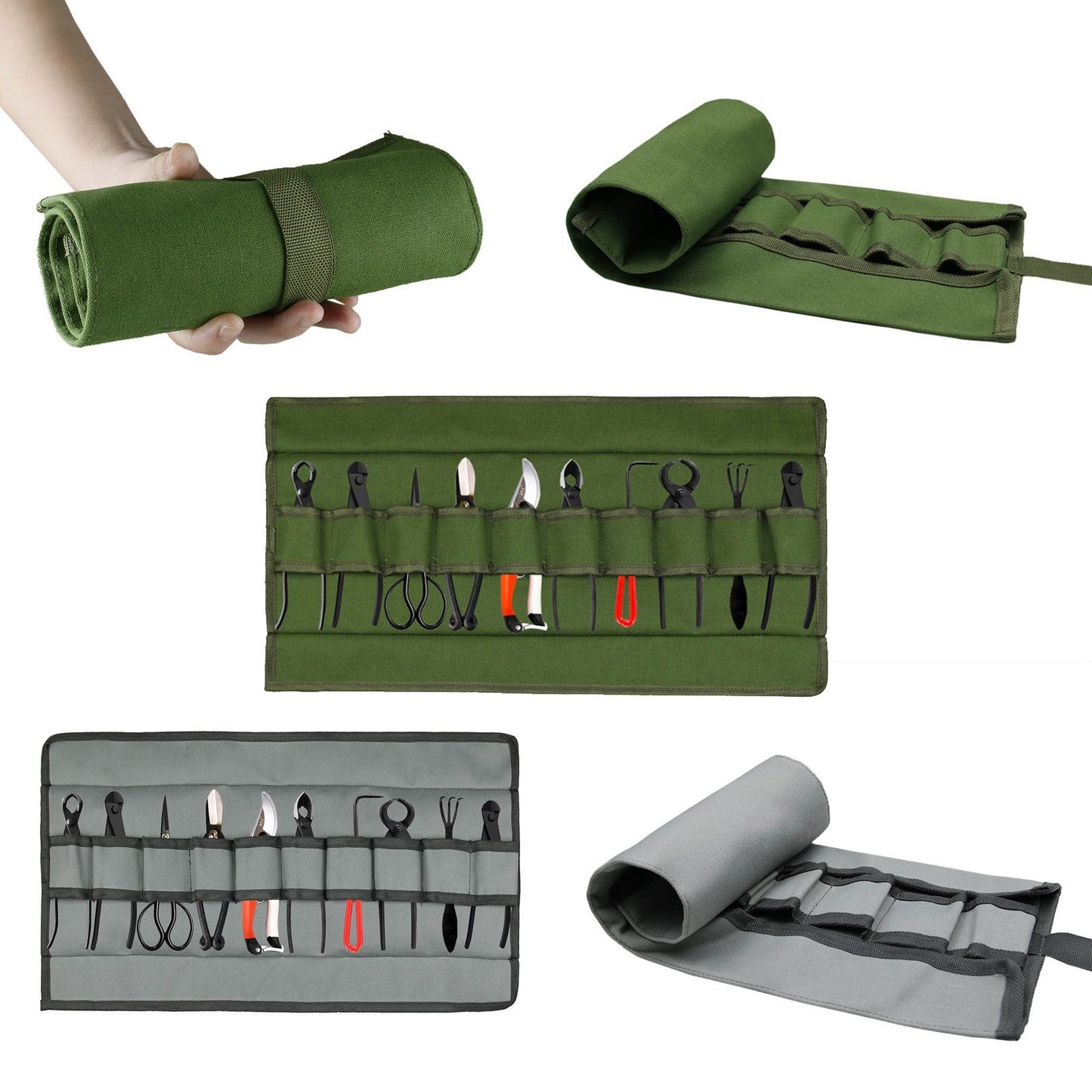 Tool Roll Bag Multi-Purpose Tool Roll Up Bag Canvas Garden Bag Organizer Bucket with 10 Pockets - Grey