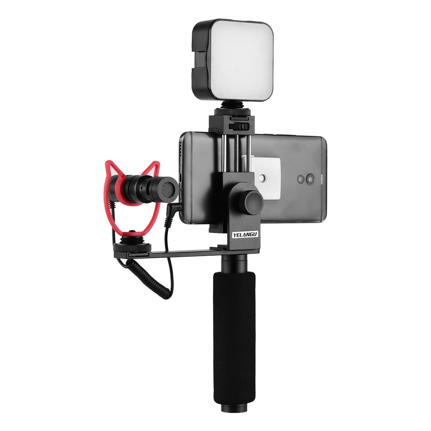 YELANGU Smartphone Hand Grip Stabilizer Handheld Vlogging Holder Mount 40mm-85mm Width with Microphone and Mini LED Light